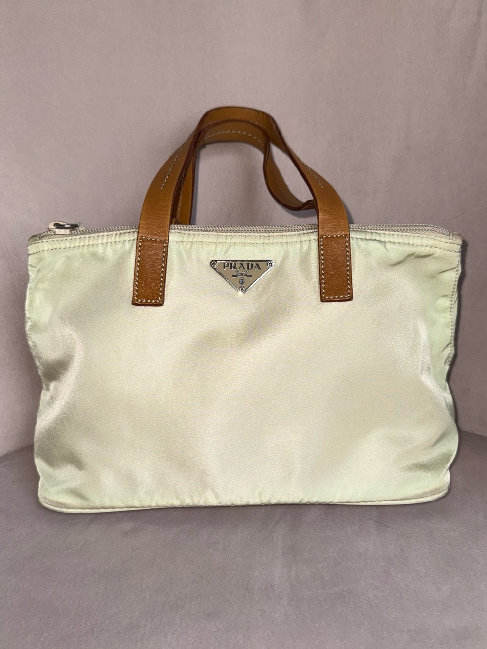 Prada Authentic Cream Nylon Purse with Tan Leather Handles - Picture 2 of 14